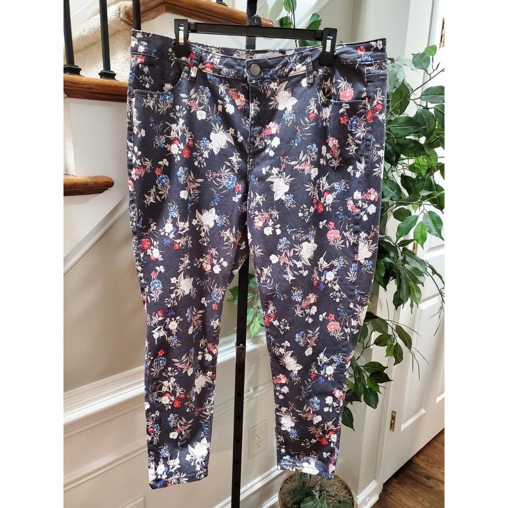 Lane Bryant Womens Black Floral Cotton Mid Rise Skinny Legs Casual Pant Size 20R